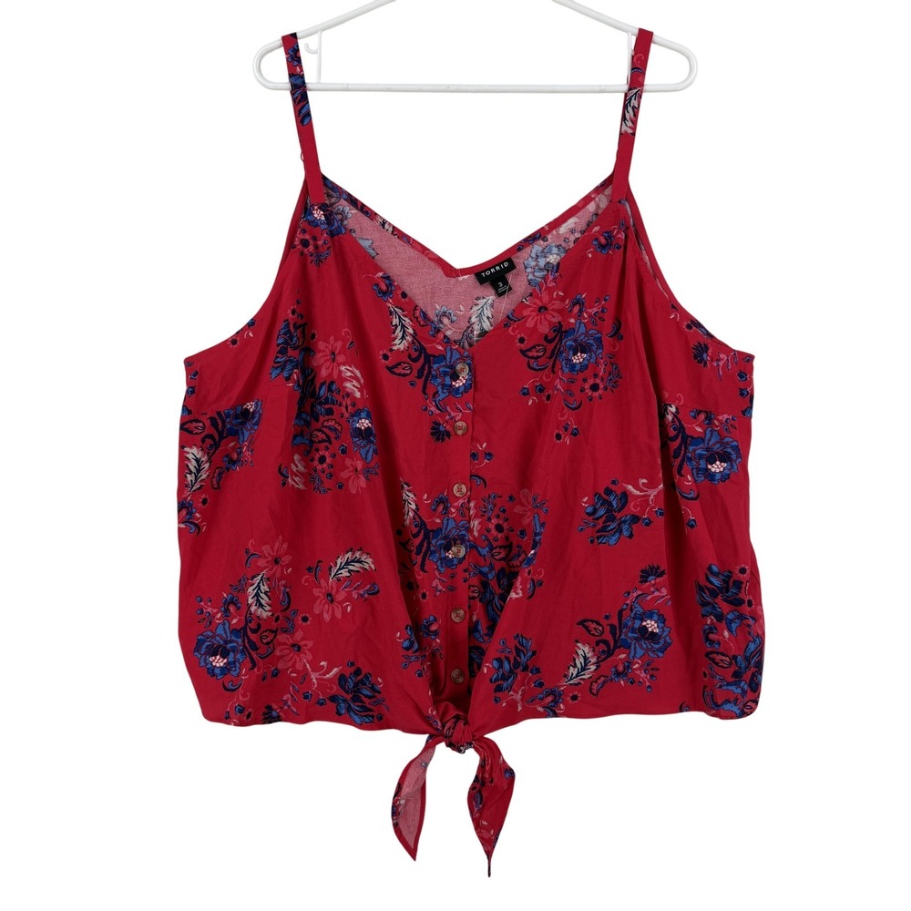 Torrid Tank Top Womens 3X Red Floral Button Front Tie Hem Adjustable Crop NWT